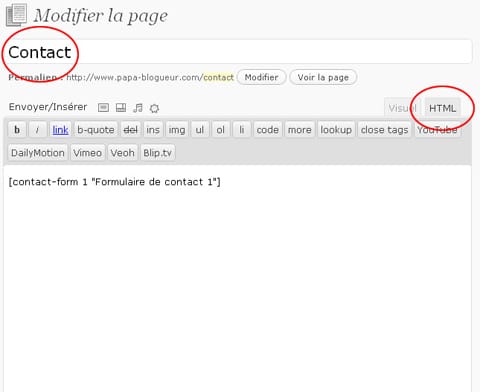 admin page de contact wp