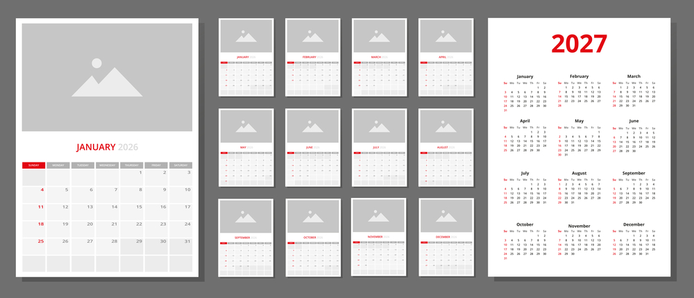 Wall calendar 2026 with space for photo, plus annual calendar 2027, week starts on Sunday